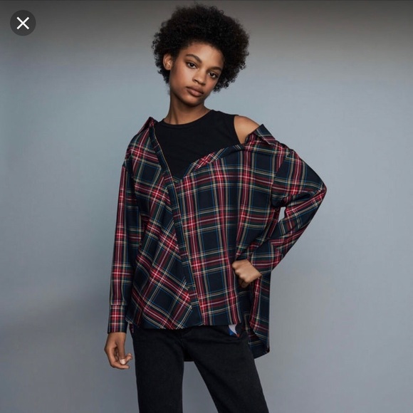 Maje red plaid tartan off shoulder top - Picture 1 of 4